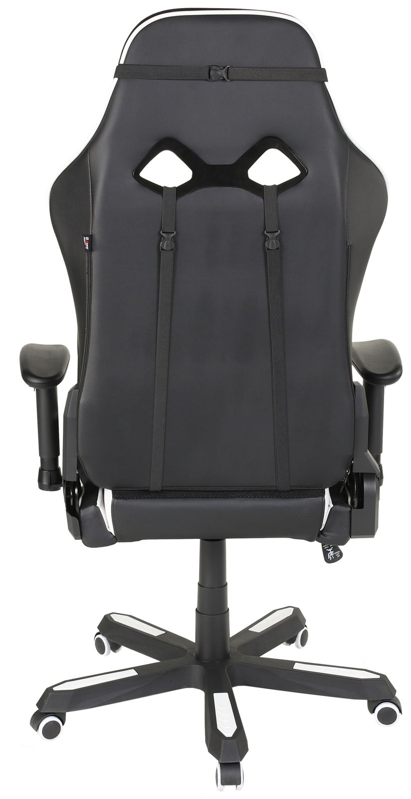 Rückansicht eines schwarzen Gaming-Stuhls mit verstellbaren Armlehnen und Rollen