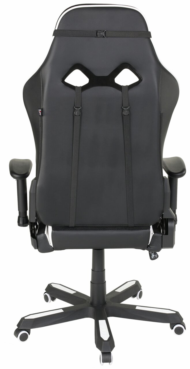 Rückansicht eines schwarzen Gaming-Stuhls mit verstellbaren Armlehnen und Rollen