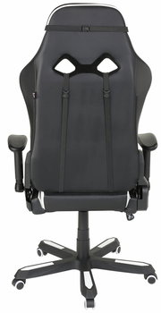 Rückansicht eines schwarzen Gaming-Stuhls mit verstellbaren Armlehnen und Rollen