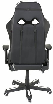 Rückansicht eines schwarzen Gaming-Stuhls mit verstellbaren Armlehnen und Rollen