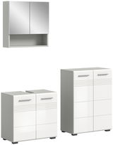 Badezimmermöbel-Set bestehend aus einem Hängeschrank mit Spiegel und zwei Unterschränken, frontal betrachtet.