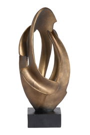 Abstrakte goldene Skulptur auf schwarzem Sockel, seitliche Perspektive