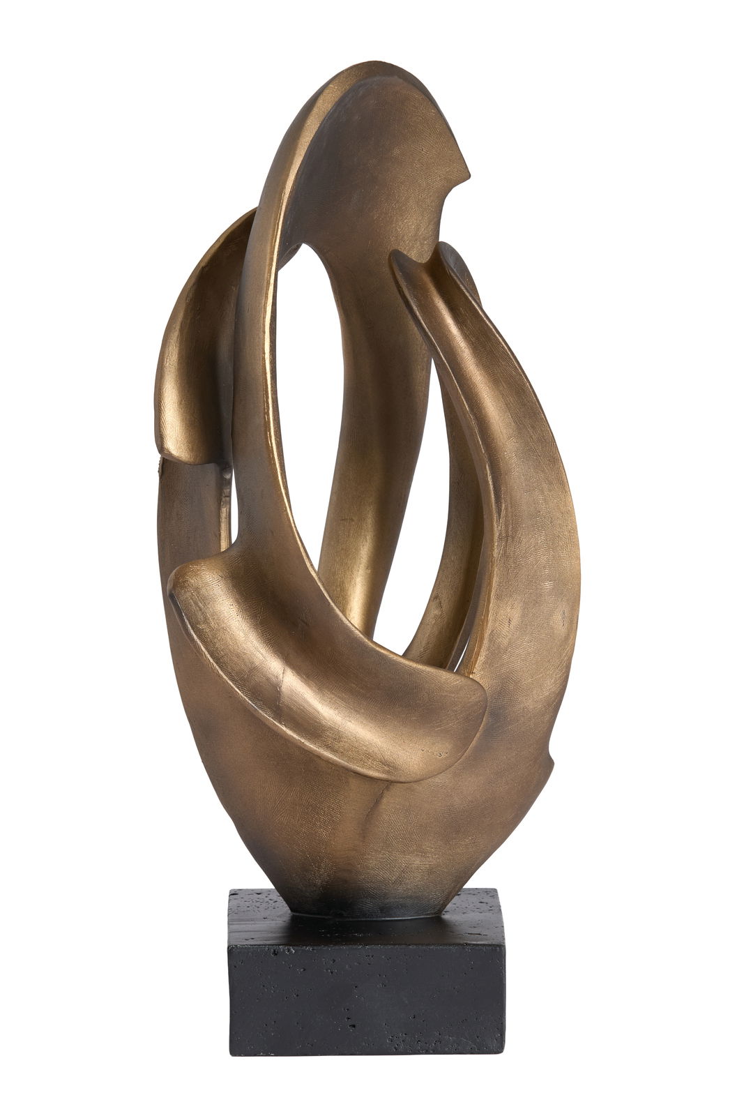 Abstrakte goldene Skulptur auf schwarzem Sockel, seitliche Perspektive