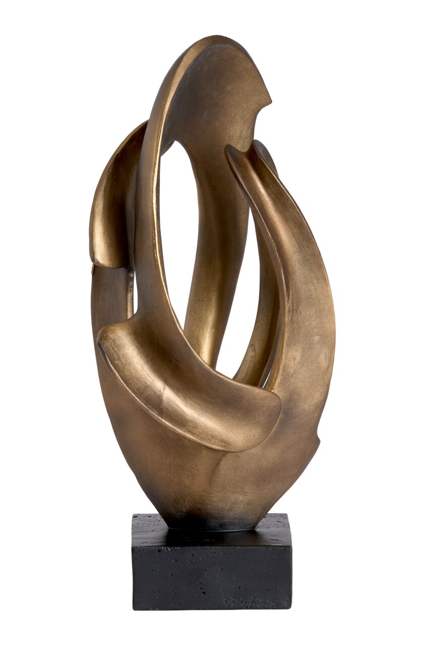 Abstrakte goldene Skulptur auf schwarzem Sockel, seitliche Perspektive