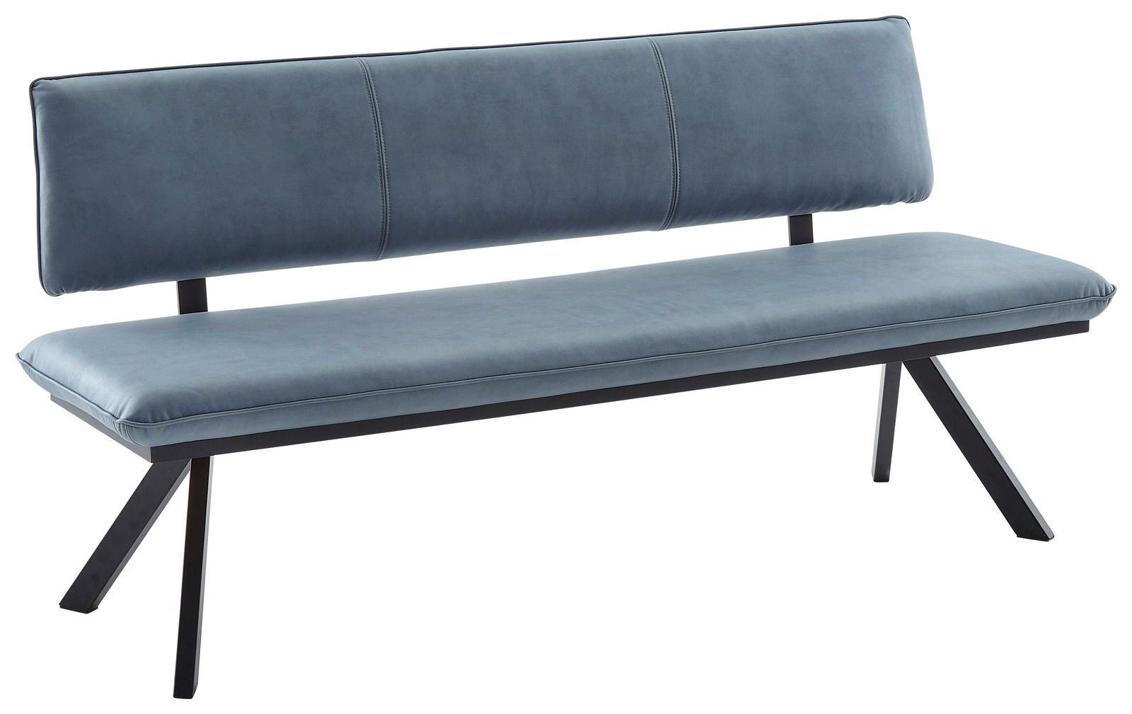 Moderne Sitzbank mit blauer Polsterung und schwarzem Metallgestell, seitliche Perspektive