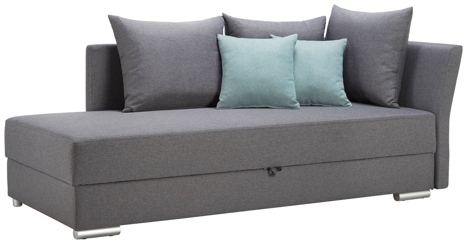 Graues Funktionssofa mit drei großen Rückenkissen und zwei kleineren, mintfarbenen Kissen, seitliche Perspektive