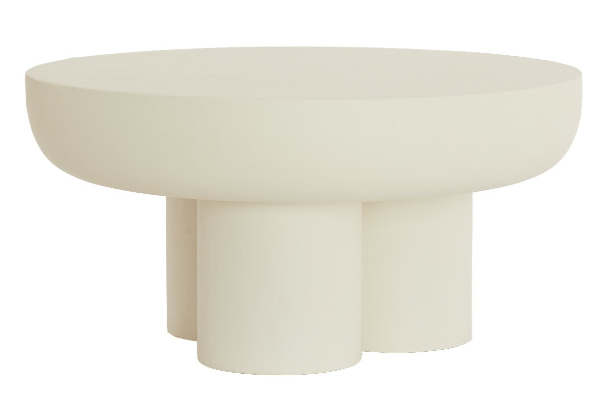 Light&Living Couchtisch MIZUHO Moderner, runder Couchtisch in Cremefarbe mit drei zylindrischen Beinen, seitliche Perspektive.