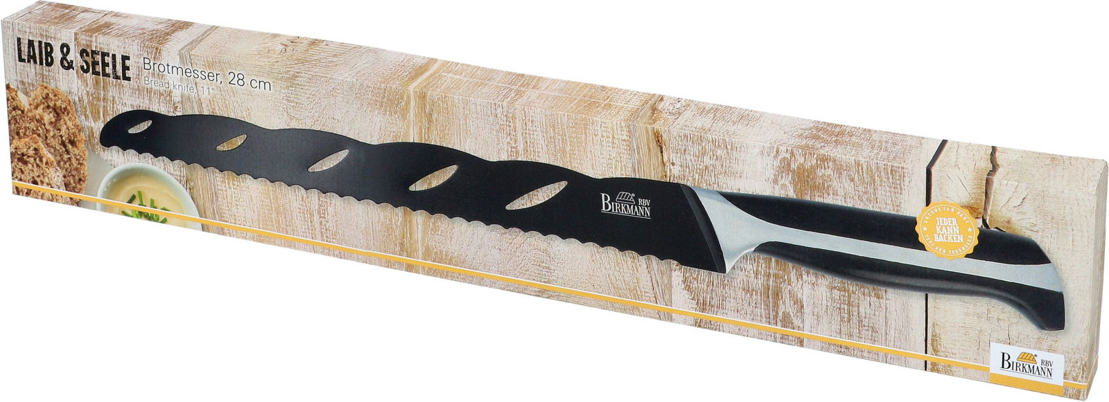 Birkmann Brotmesser LAIB & SEELE Brotmesser in Verpackung, seitliche Perspektive, 28 cm Klinge, geeignet zum Schneiden von Brot.