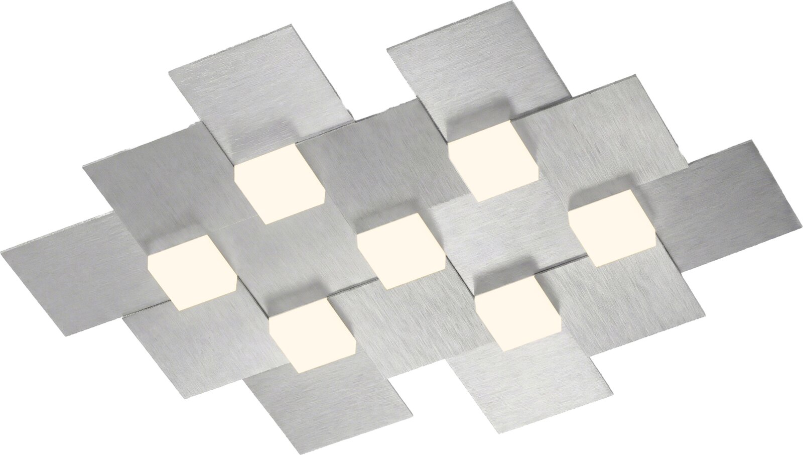 Grossmann LED-Deckenleuchte CREO Moderne Deckenleuchte aus überlappenden, gebürsteten Metallplatten in Silber mit sechs warmweiß leuchtenden Elementen, aus schräger Untersicht dargestellt