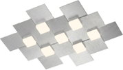 Moderne Deckenleuchte aus überlappenden, gebürsteten Metallplatten in Silber mit sechs warmweiß leuchtenden Elementen, aus schräger Untersicht dargestellt