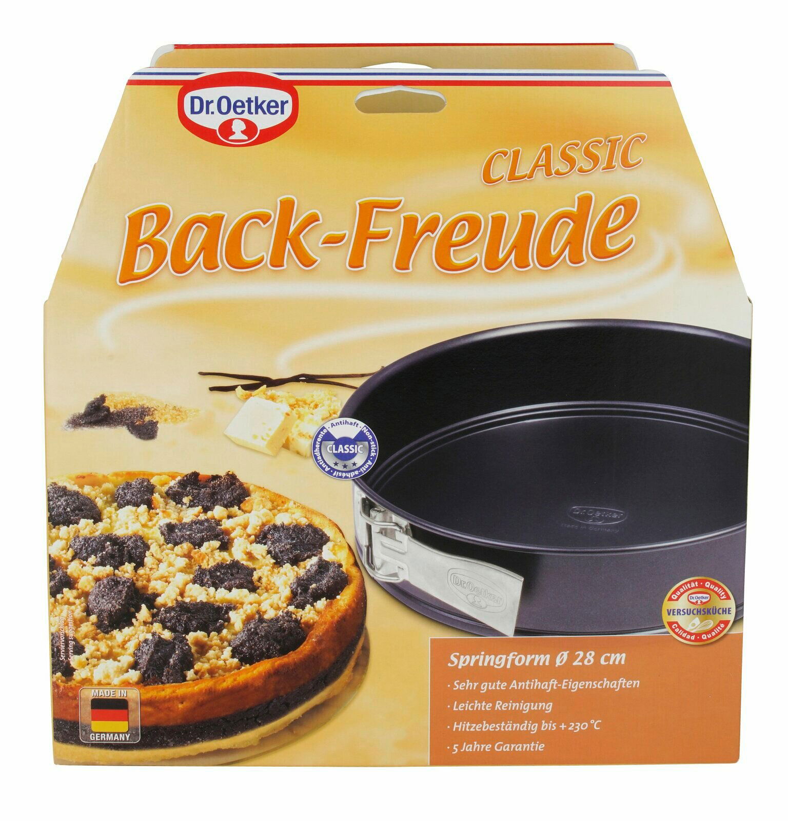 Verpackung der Dr. Oetker Springform 28 cm BackFreude, Vorderansicht mit Abbildung einer gebackenen Torte und der Springform.