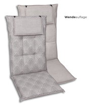 Wendbare Stuhlauflage in Grau mit geometrischem Muster und einfarbiger Rückseite, mit Befestigungsbändern, freigestellt in schräger Vorderansicht