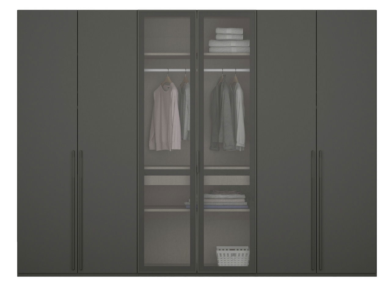 Sechstüriger Drehtürenschrank in dunklem Design mit Glastüren in der Mitte, die Kleidung und Regale mit gefalteten Textilien zeigen. Frontalansicht.