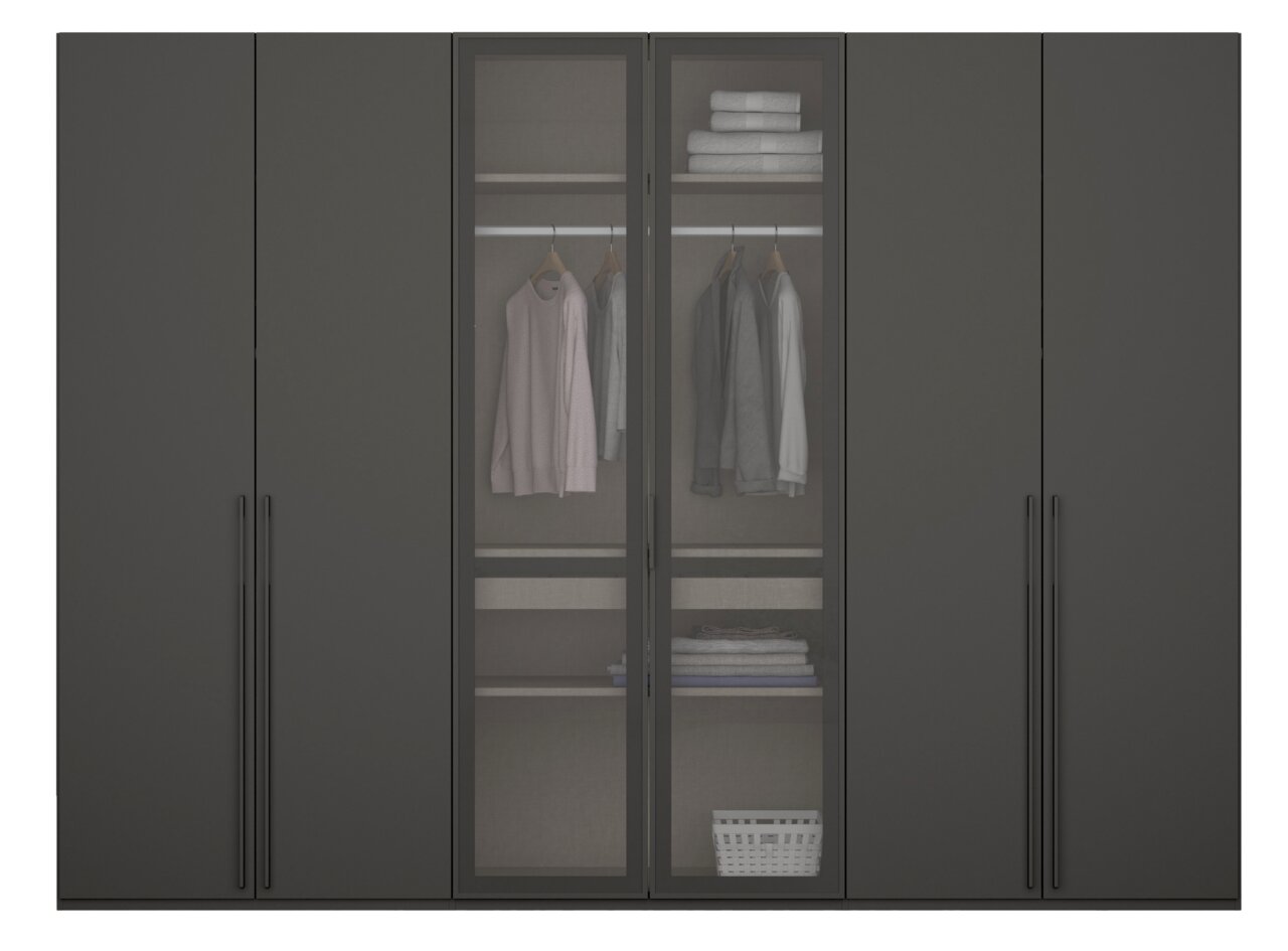 Kast met zes draaideuren in een donkere uitvoering, met glazen deuren in het midden die kleding en planken met opgevouwen textiel laten zien. Vooraanzicht.