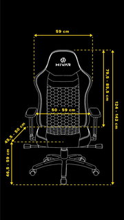 Frontansicht eines Gaming-Stuhls mit verstellbaren Armlehnen und ergonomischem Design, inklusive Maßangaben.