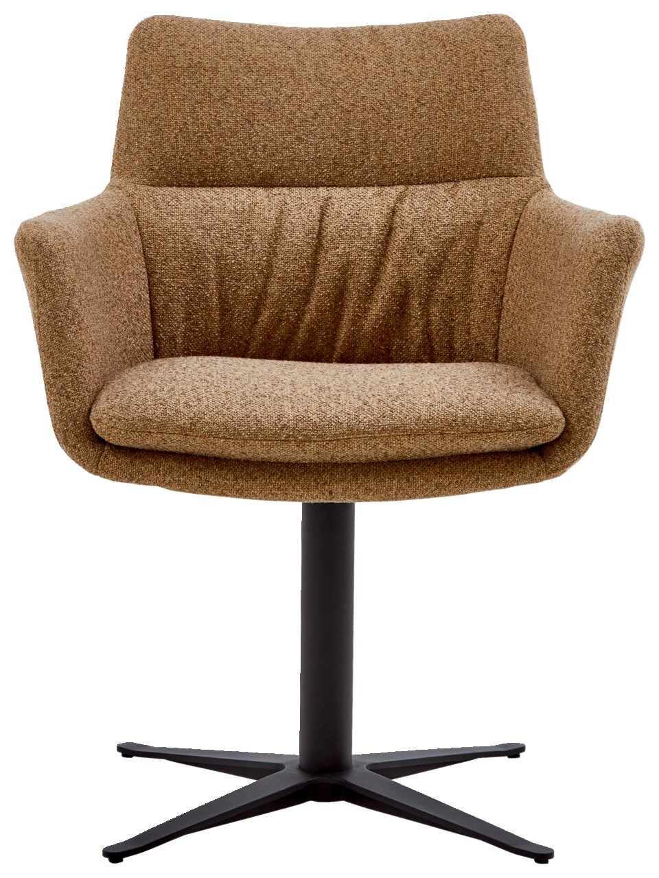 Brauner Armlehnstuhl mit Stoffbezug und schwarzem Metallfuß, Frontalansicht