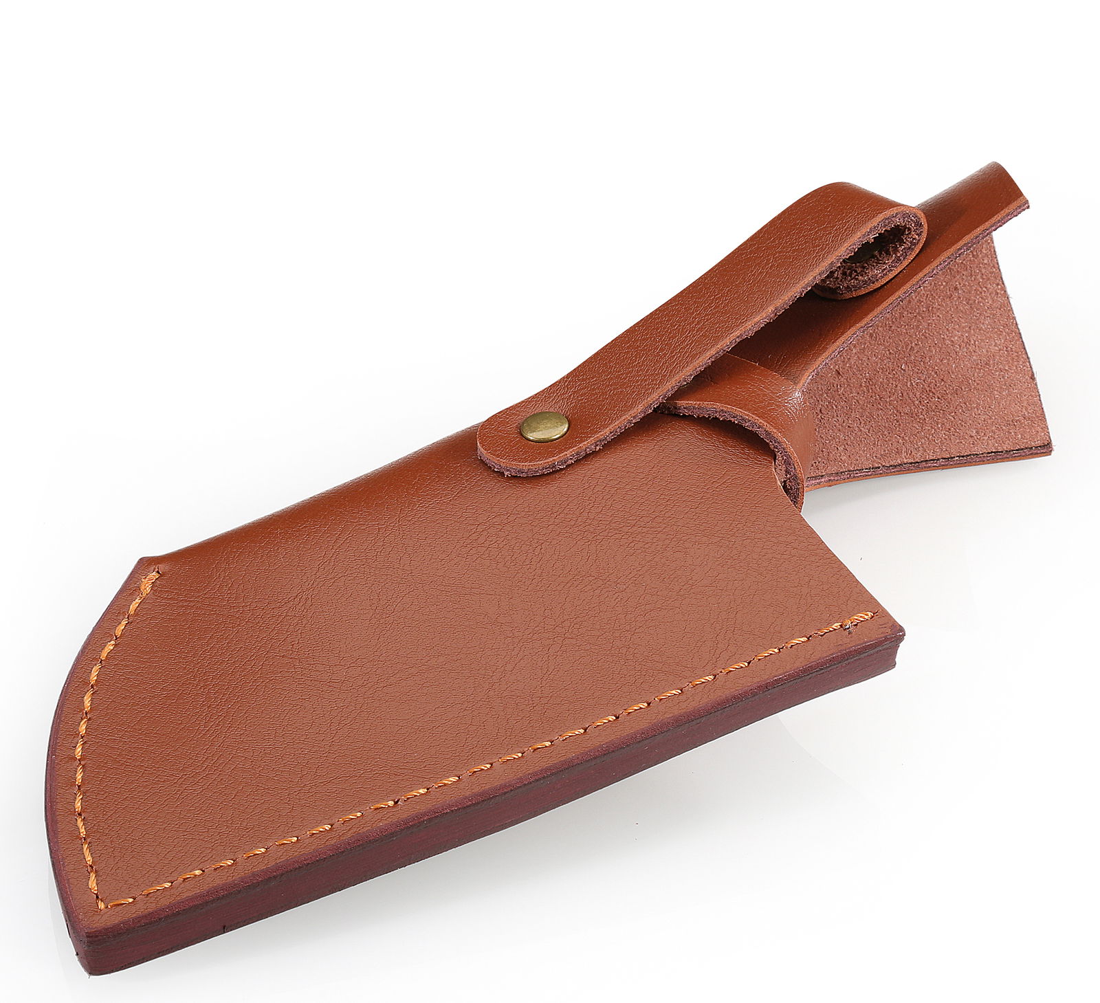 Braune Lederscheide für ein Kochmesser, seitliche Perspektive