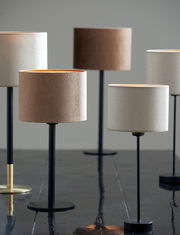 Mehrere moderne Lampenfüße mit zylindrischen Schirmen in verschiedenen Farben, auf einem glänzenden Tisch stehend, seitliche Perspektive.