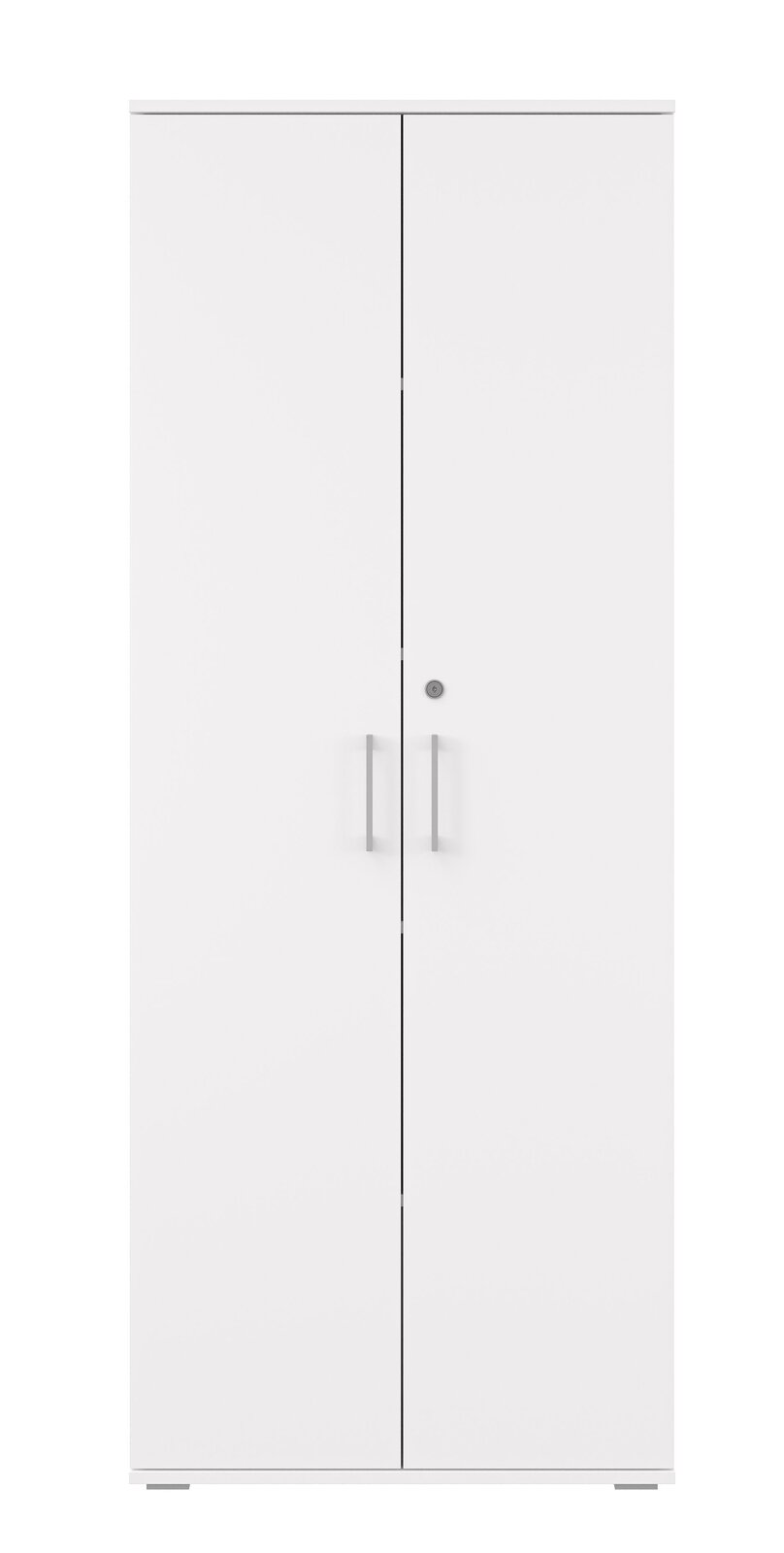Weißer, schlichter Aktenschrank mit zwei Flügeltüren, silbernen Griffen und Schloss, freigestellt auf weißem Hintergrund, Frontansicht.