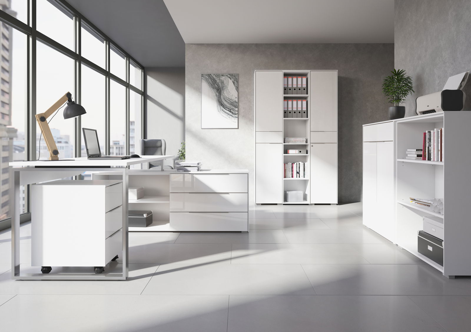 Voleo Eckschreibtisch NEVADA Modernes Büro mit weißem Eckschreibtisch, Rollcontainer und Aktenschränken, seitliche Perspektive.
