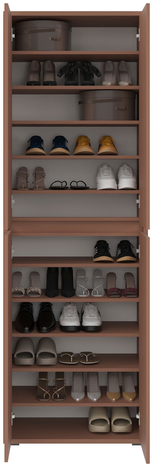 Vorderansicht eines XXL-Schuh- und Mehrzweckschranks mit mehreren Regalböden, gefüllt mit verschiedenen Schuhen und Aufbewahrungsboxen.