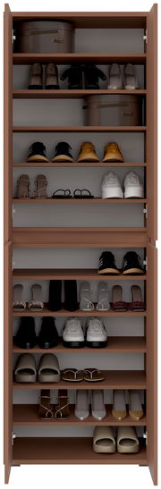 Vorderansicht eines XXL-Schuh- und Mehrzweckschranks mit mehreren Regalböden, gefüllt mit verschiedenen Schuhen und Aufbewahrungsboxen.