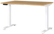 Elektrisch höhenverstellbarer Schreibtisch mit weißem Gestell und Holzplatte, seitliche Perspektive