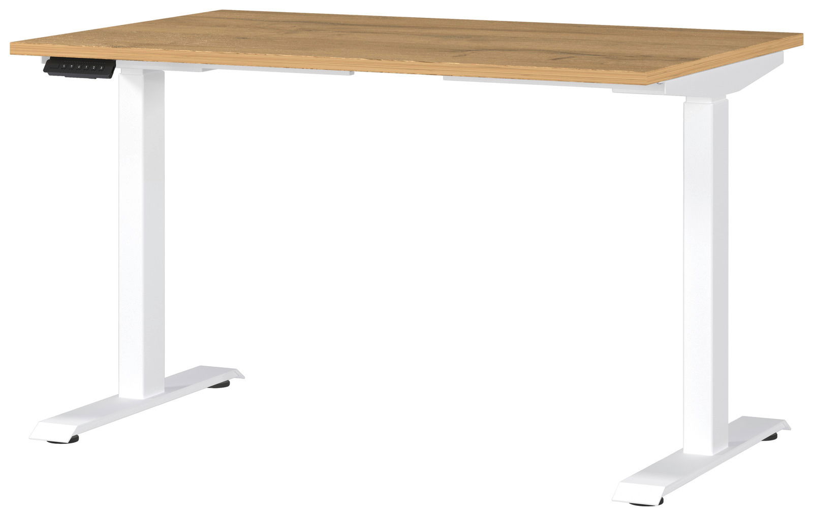 Elektrisch höhenverstellbarer Schreibtisch mit weißem Gestell und Holzplatte, seitliche Perspektive