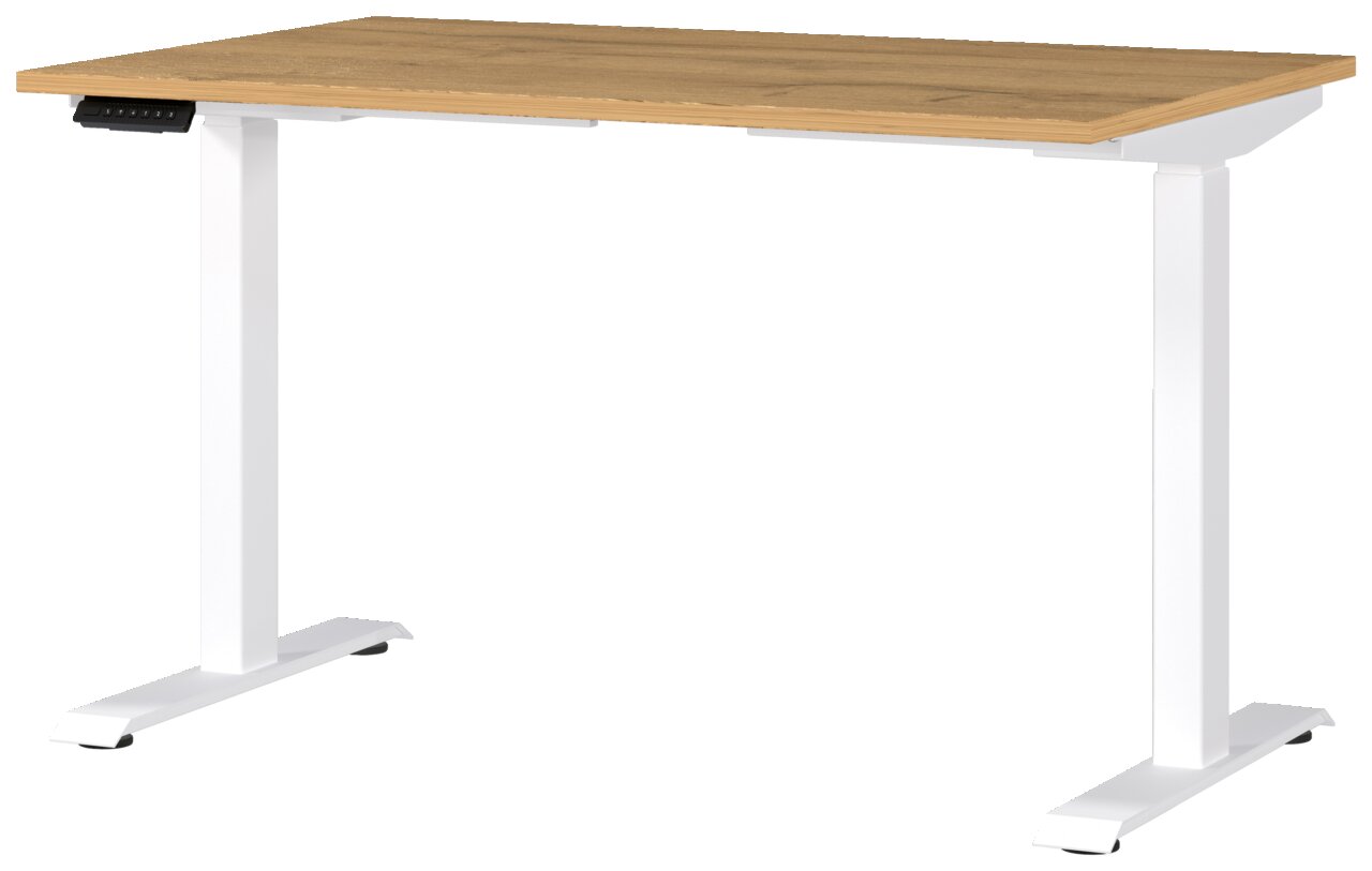 Elektrisch höhenverstellbarer Schreibtisch mit weißem Gestell und Holzplatte, seitliche Perspektive