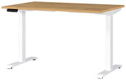 Elektrisch höhenverstellbarer Schreibtisch mit weißem Gestell und Holzplatte, seitliche Perspektive