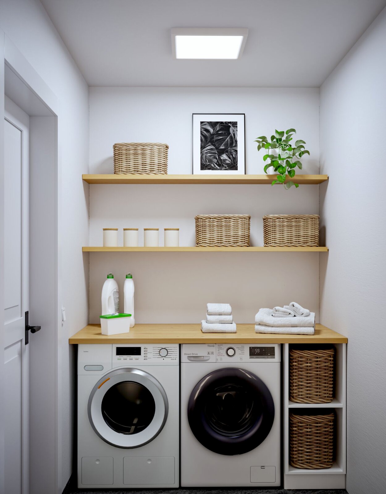 Moderne Waschküche mit Waschmaschine und Trockner unter Holzarbeitsplatte, offenen Holzregalen mit Korbkörben, Pflanze und Bild; Frontalansicht mit leicht erhöhter Perspektive.