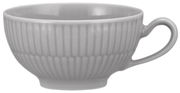 Graue Teeobertasse mit geriffeltem Design, seitliche Perspektive