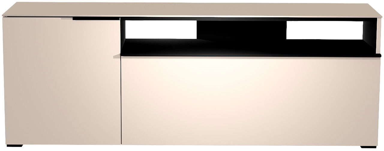 Frontansicht eines modernen TV-Lowboards mit zwei Türen und einem offenen Fach in elegantem Design.