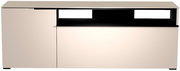 Frontansicht eines modernen TV-Lowboards mit zwei Türen und einem offenen Fach in elegantem Design.