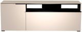 Frontansicht eines modernen TV-Lowboards mit zwei Türen und einem offenen Fach in elegantem Design.