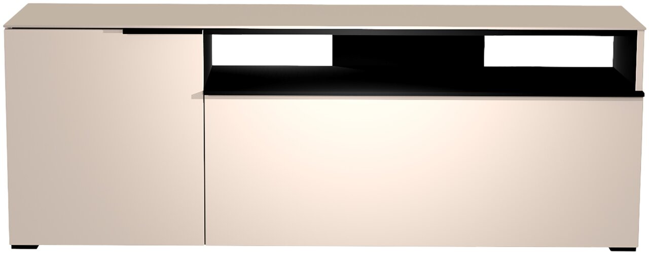 Frontansicht eines modernen TV-Lowboards mit zwei Türen und einem offenen Fach in elegantem Design.