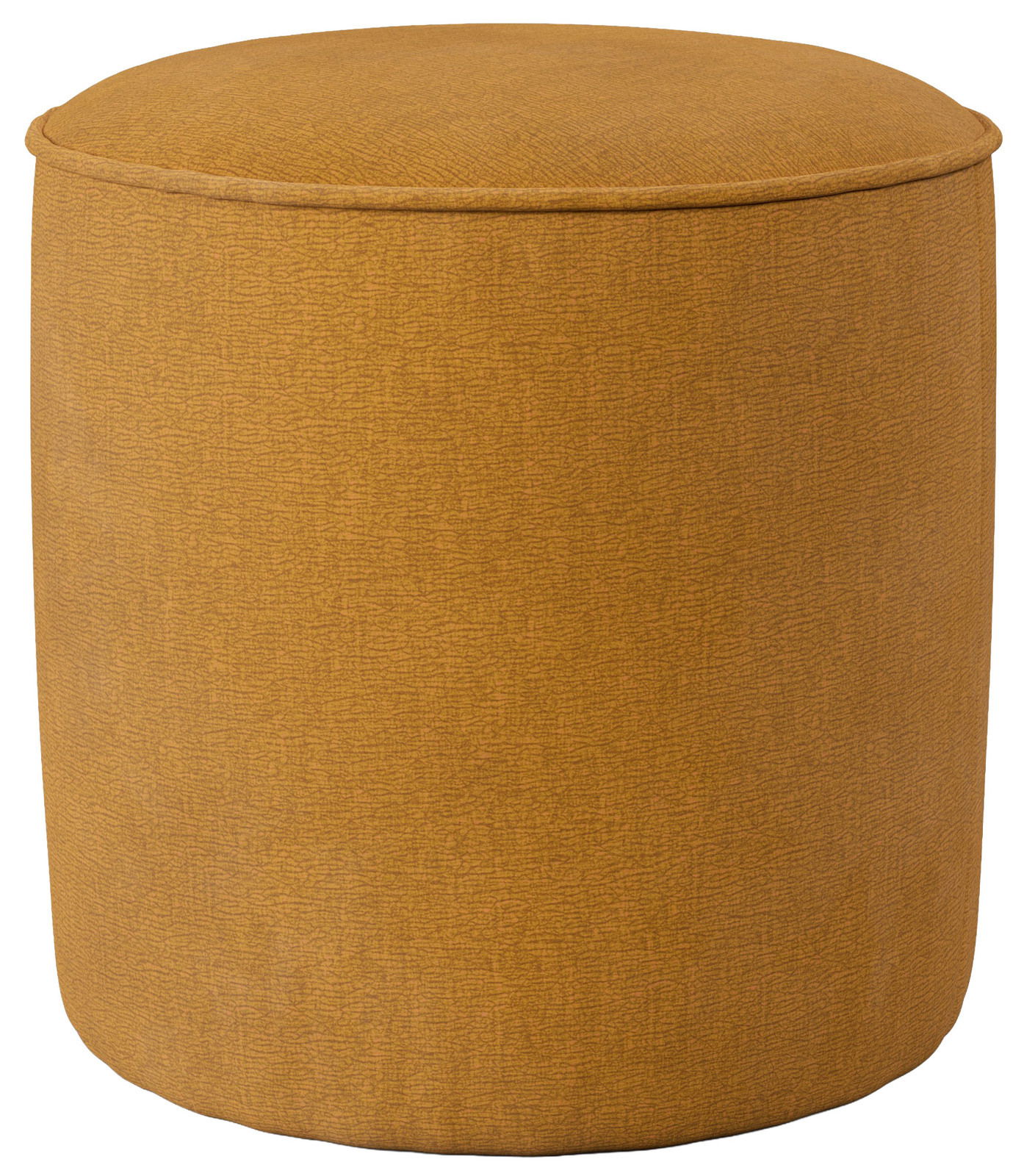 Runder, senfgelber Hocker aus Stoff, seitliche Perspektive