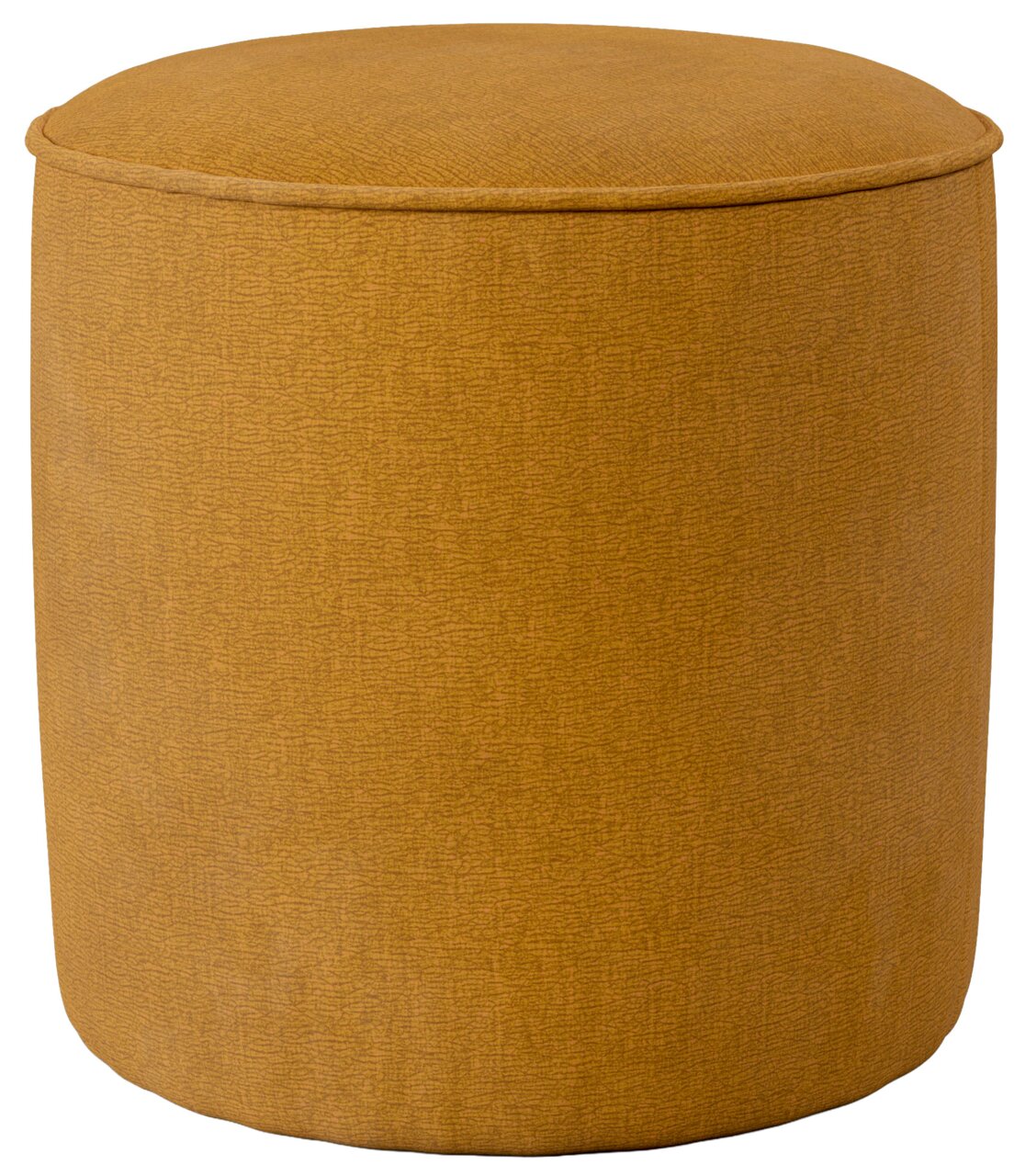 Runder, senfgelber Hocker aus Stoff, seitliche Perspektive