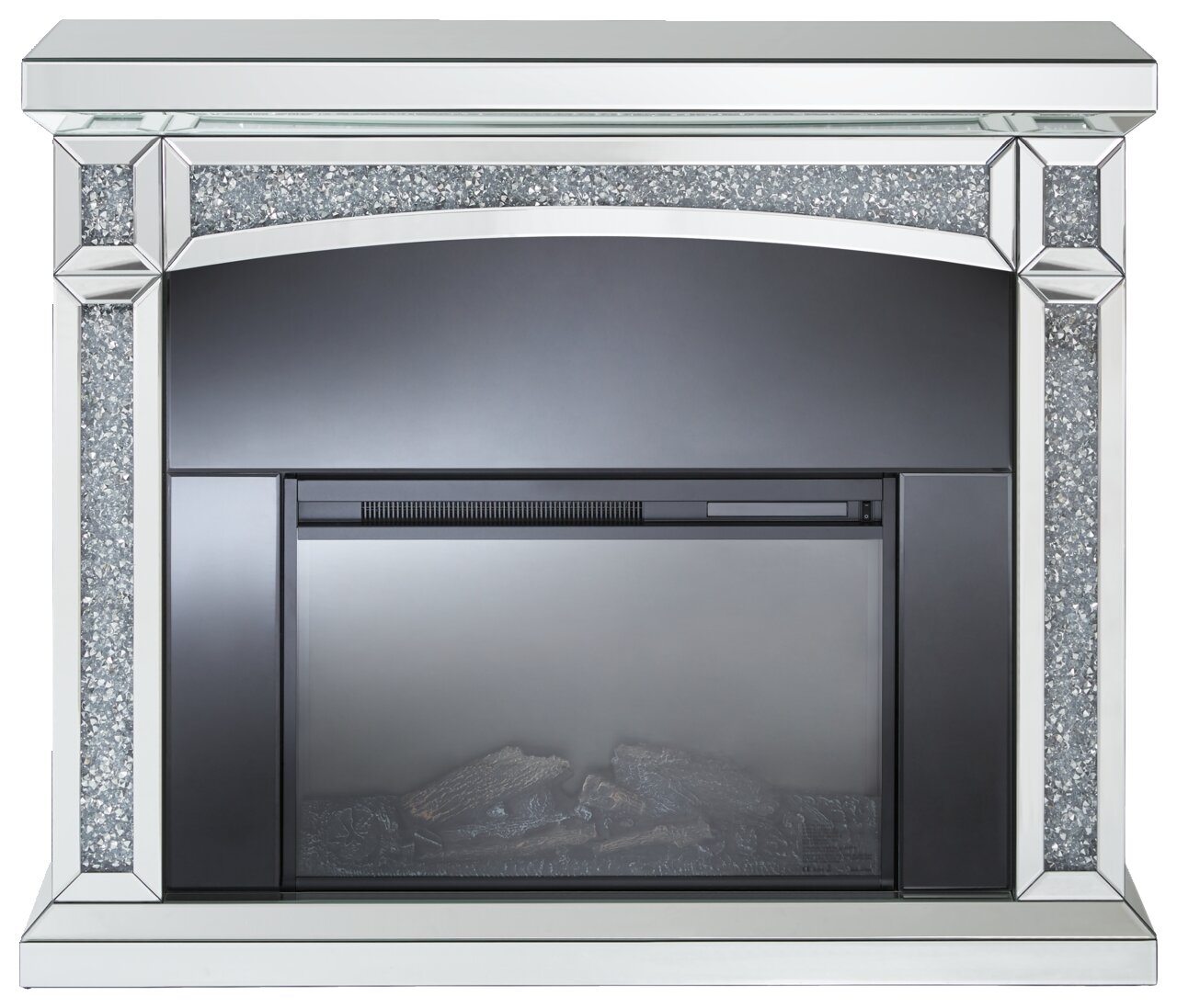 Elektrokamin mit verspiegeltem Rahmen und glitzernden Details, Frontalansicht