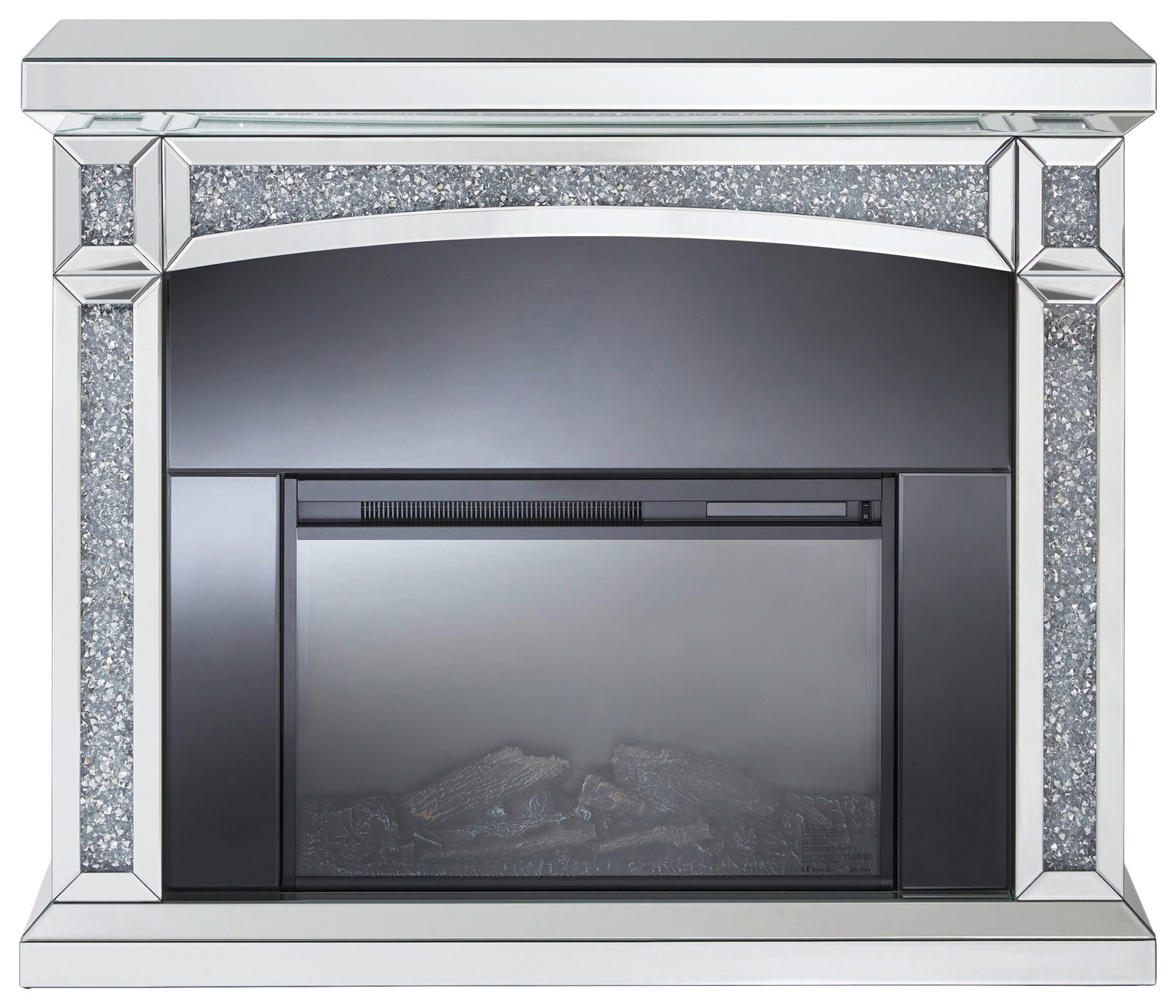 Elektrokamin mit verspiegeltem Rahmen und glitzernden Details, Frontalansicht