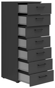Schwarze Kommode mit sieben offenen Schubladen, seitliche Perspektive