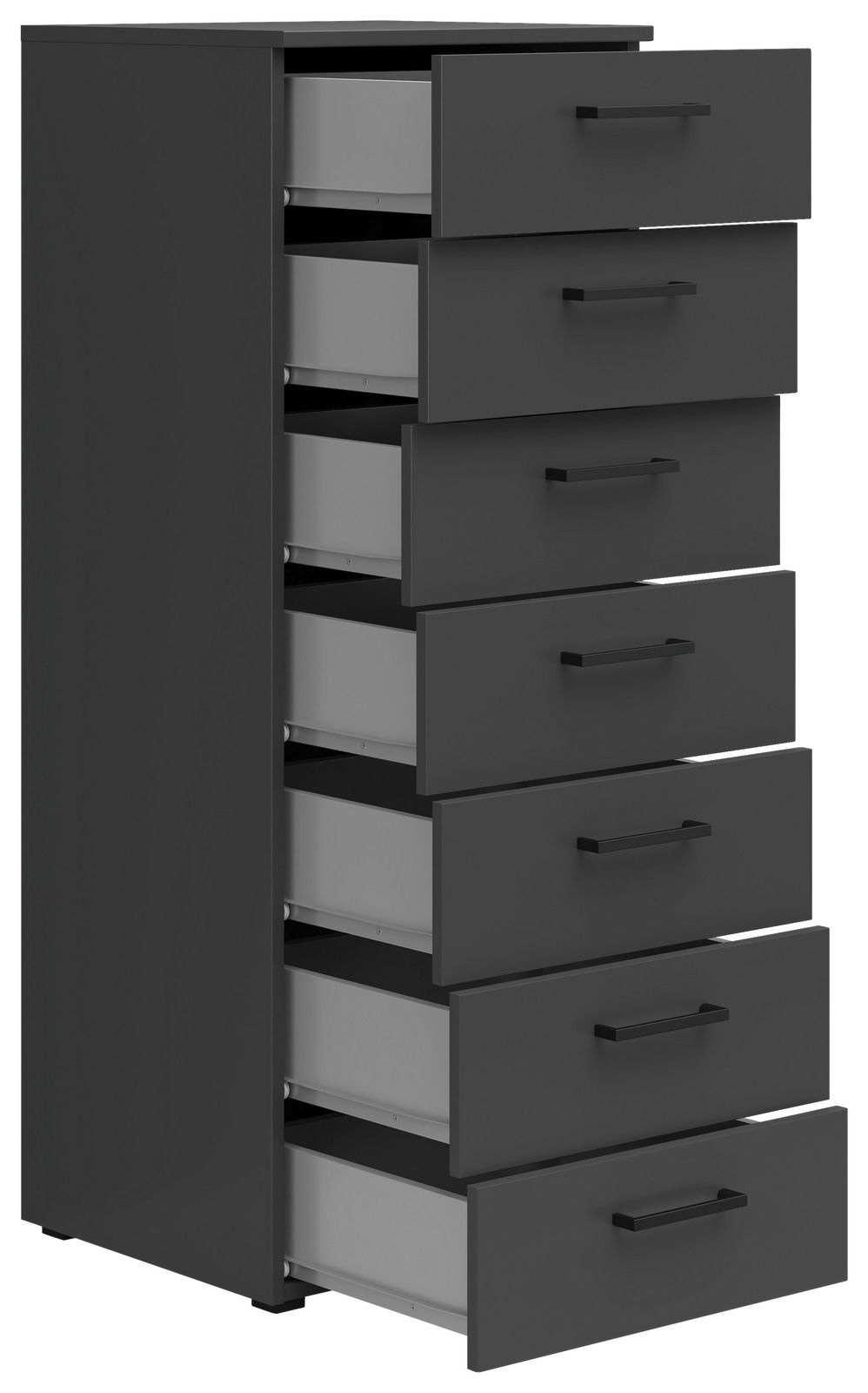 Schwarze Kommode mit sieben offenen Schubladen, seitliche Perspektive