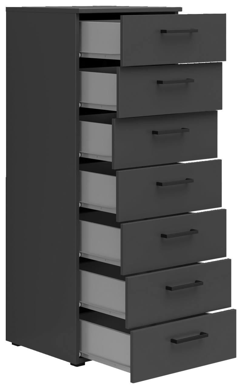 Schwarze Kommode mit sieben offenen Schubladen, seitliche Perspektive