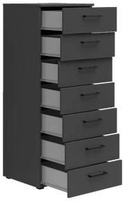 Schwarze Kommode mit sieben offenen Schubladen, seitliche Perspektive