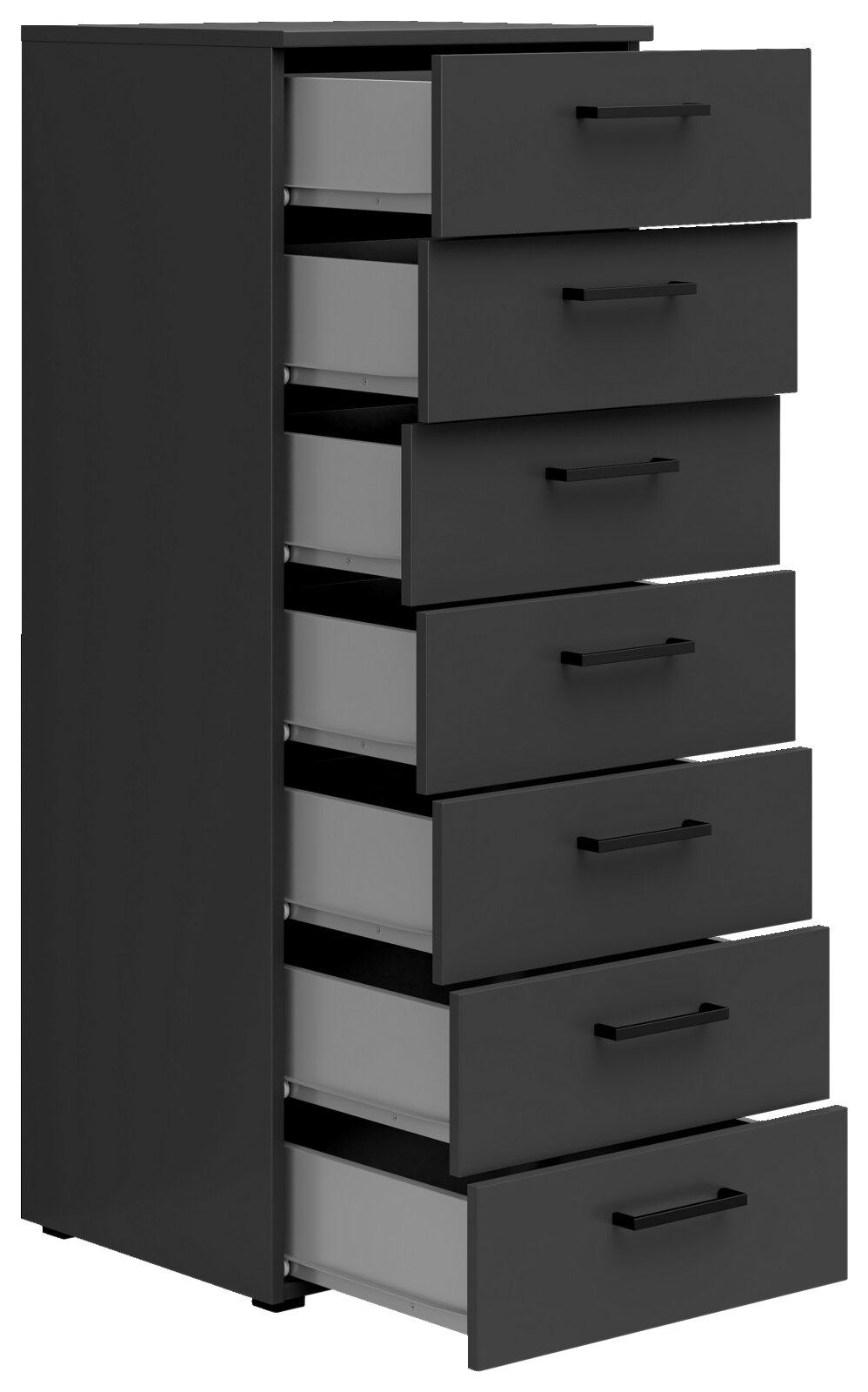 Schwarze Kommode mit sieben offenen Schubladen, seitliche Perspektive