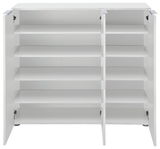 Weißer XL-Schuhschrank VICENZA mit offenen Türen, frontal betrachtet, zeigt mehrere Regalböden zur Schuhaufbewahrung.