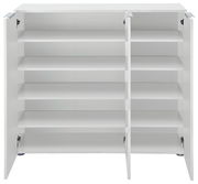 Weißer XL-Schuhschrank VICENZA mit offenen Türen, frontal betrachtet, zeigt mehrere Regalböden zur Schuhaufbewahrung.