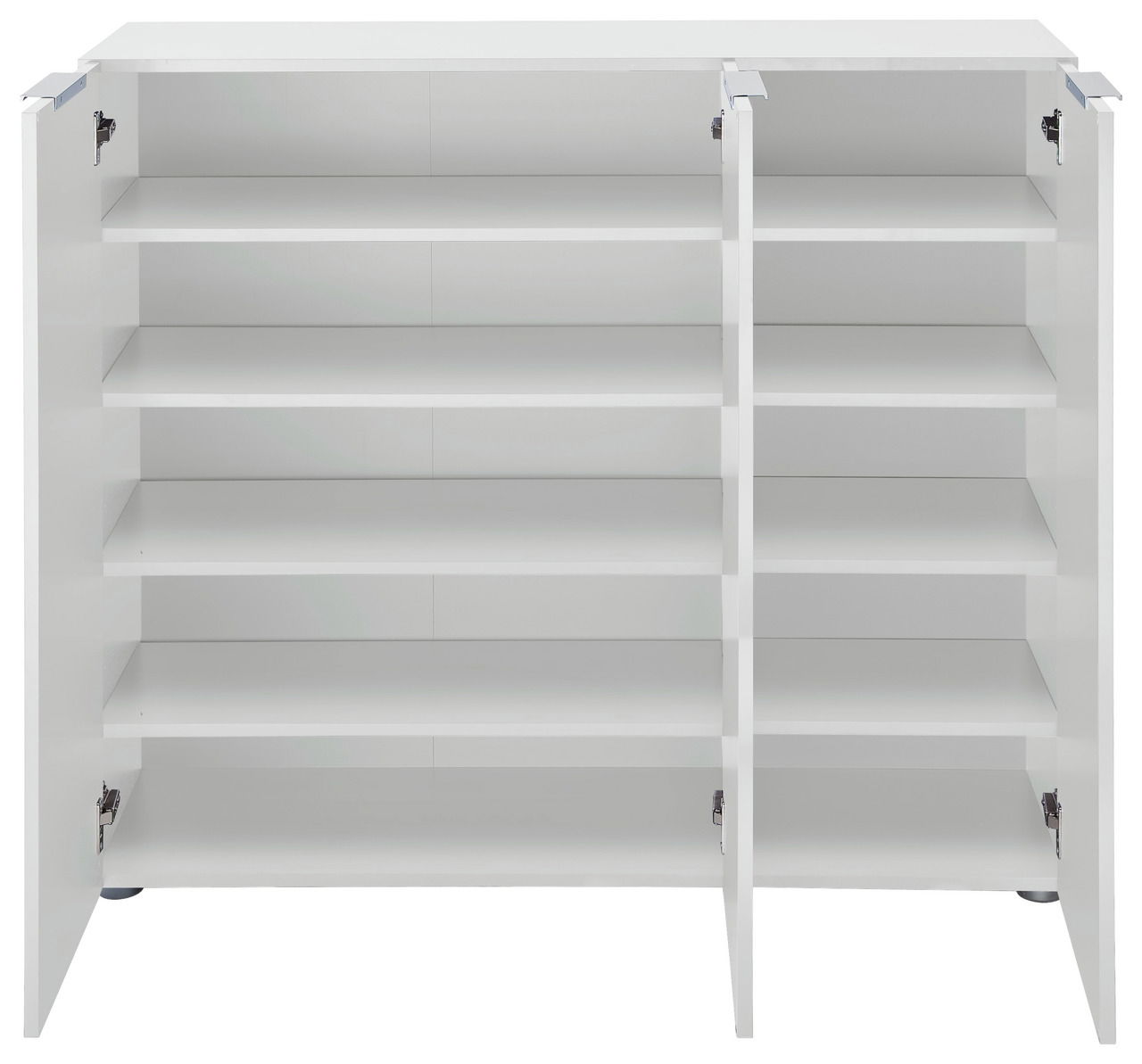 Weißer XL-Schuhschrank VICENZA mit offenen Türen, frontal betrachtet, zeigt mehrere Regalböden zur Schuhaufbewahrung.