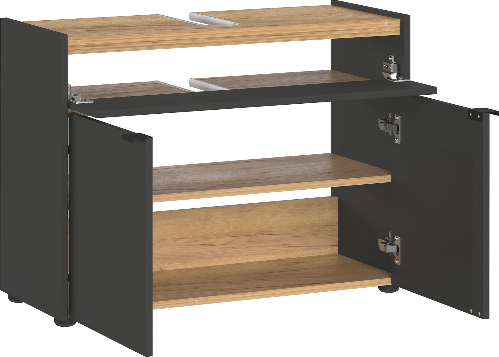 Waschbeckenunterschrank mit offenen Türen, Holzoptik und dunklen Seitenwänden, seitliche Perspektive