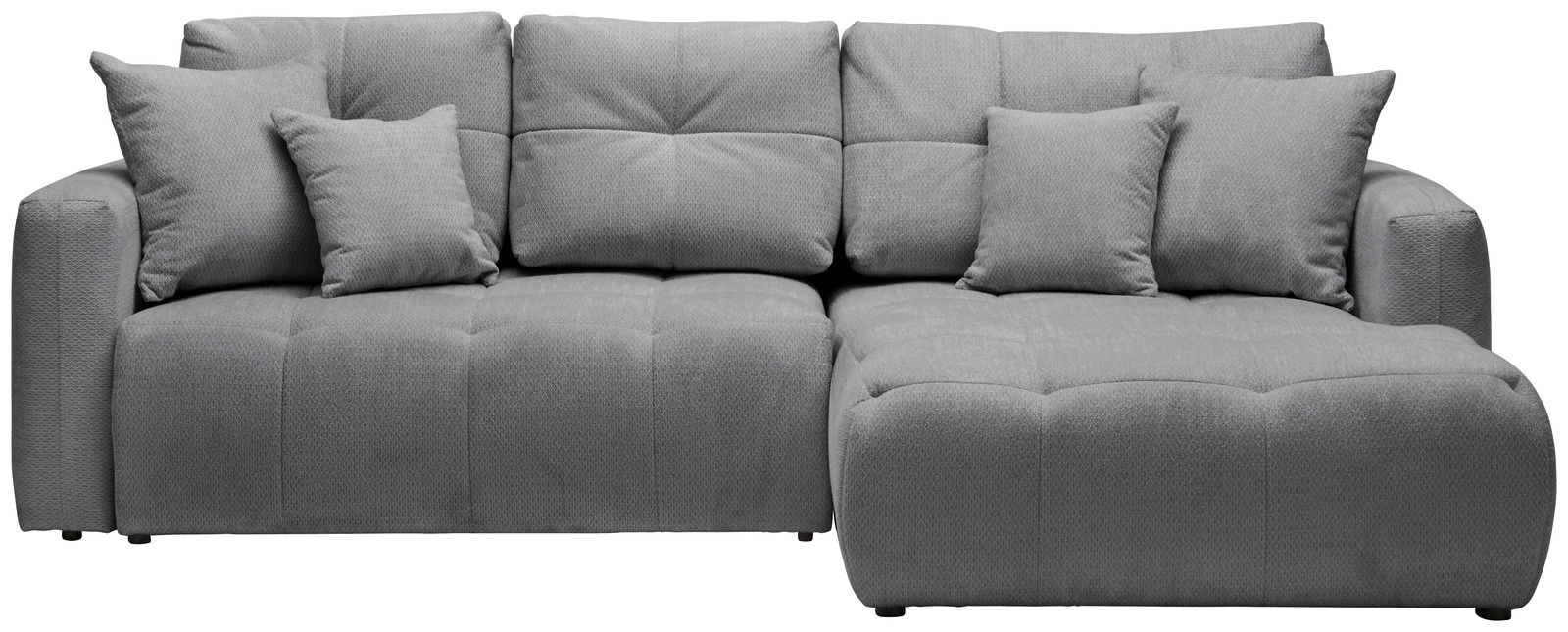 Graues Ecksofa mit mehreren Kissen, frontal betrachtet